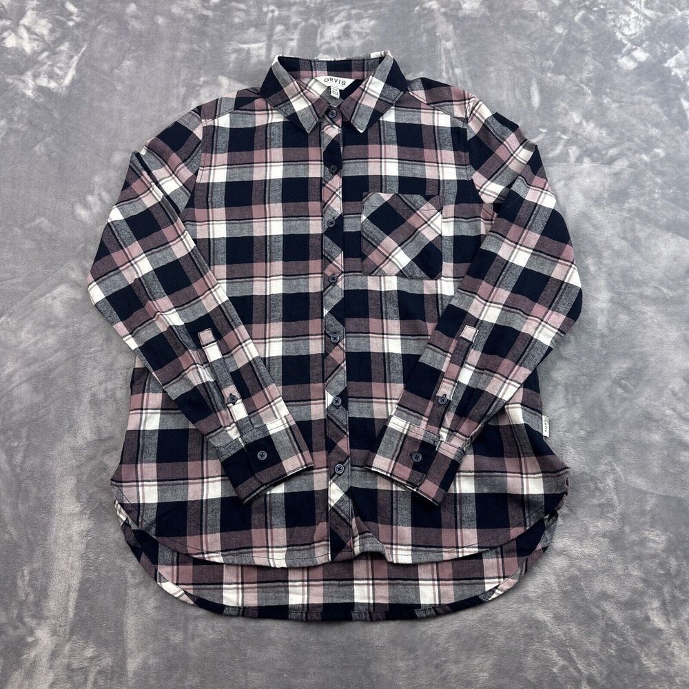 Orvis Women's Blue Pink Plaid Long Sleeve Hi-Low Hem Flannel Size Small
